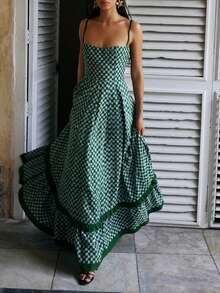 Boho Beach Vintage Plaid A-Line Dress Checkerboard Print Ruffles Trim Flowy Dress Women Sleeveless Spaghetti Strap Maxi Dress