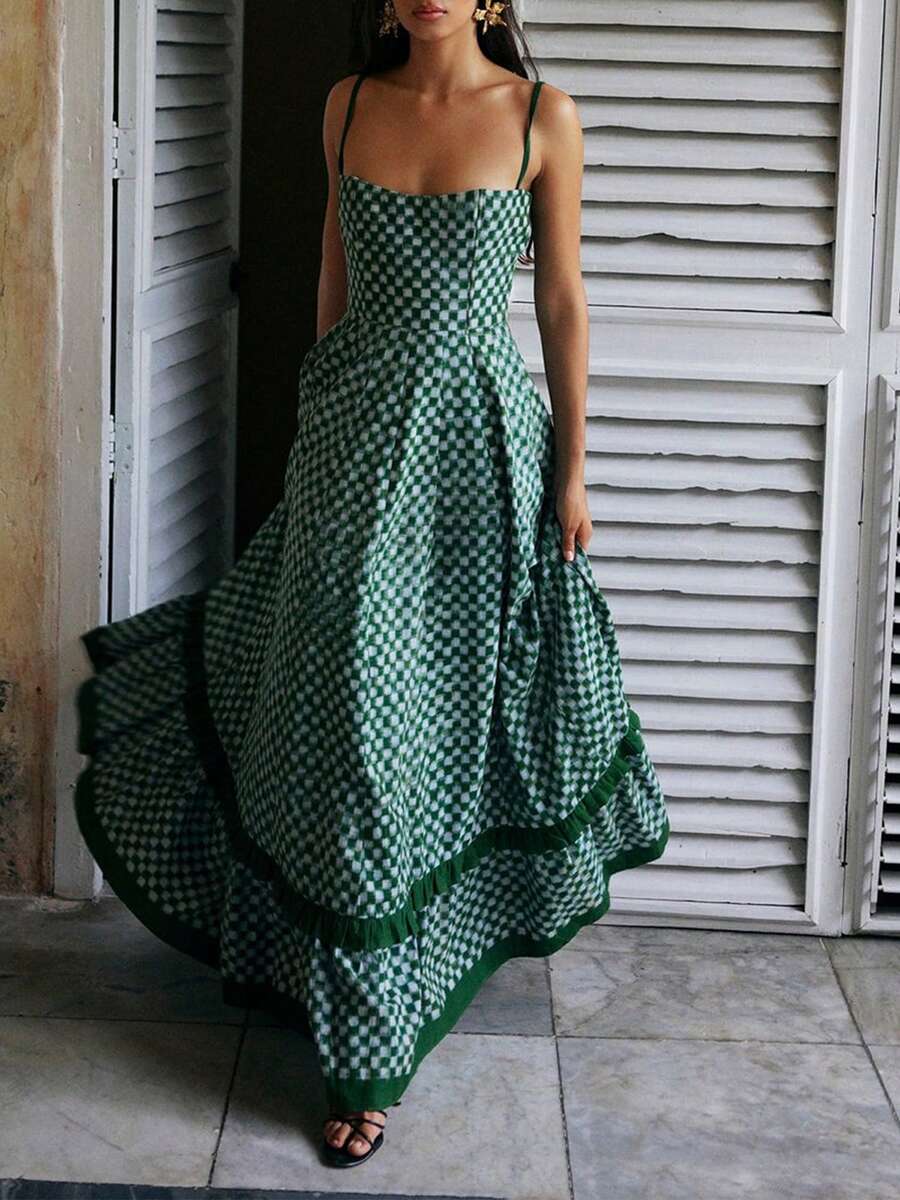 Boho Beach Vintage Plaid A-Line Dress Checkerboard Print Ruffles Trim Flowy Dress Women Sleeveless Spaghetti Strap Maxi Dress