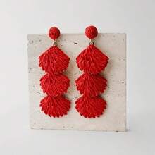 Raffia Dangle Earrings Women - Boho Statement Rattan Drop Jewelry With Design, Lightweight Summer Beach Accessories - Red - View 6