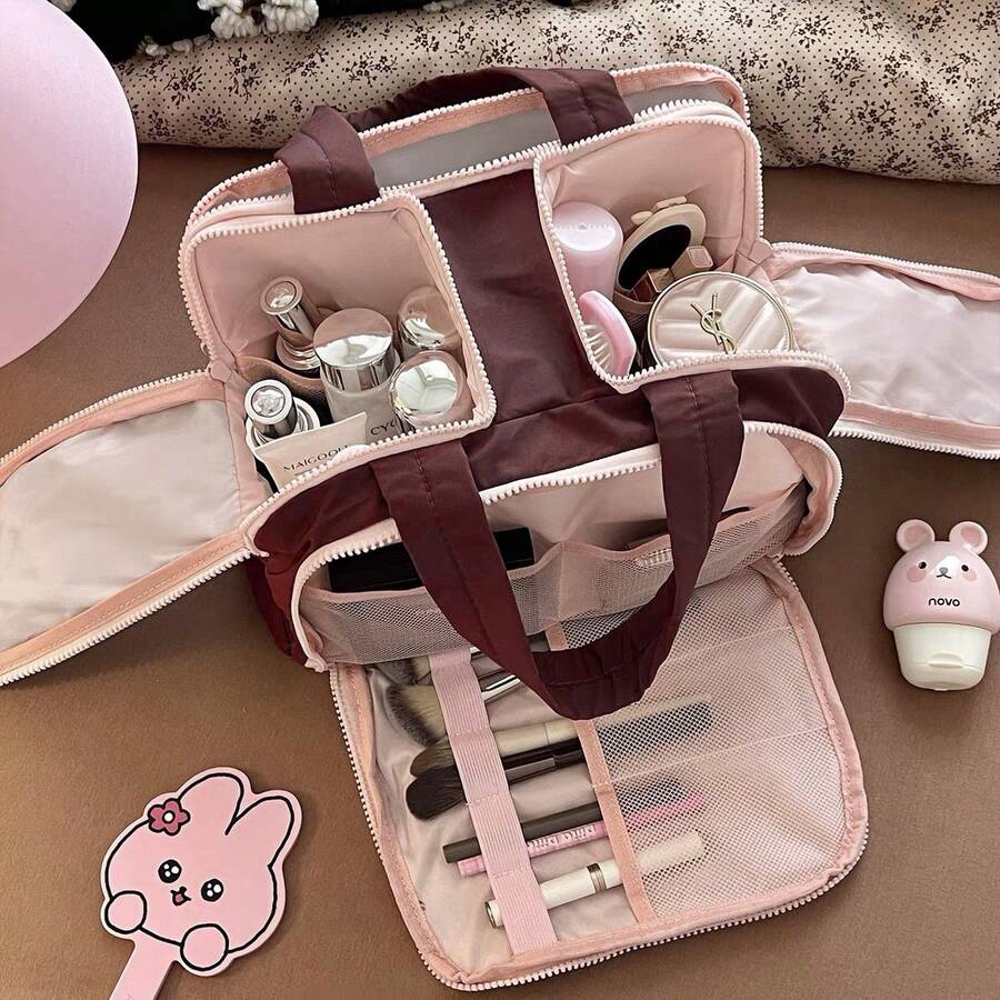 Large Capacity Waterproof Toiletry Bag,Travel Lightweight Large Wide-Open Travel Bag For Women, Puffy Cosmetic Makeup Bag Organizer With Handle For Accessories,Essentials, Toiletries - Rượu vang đỏ - Xem 1