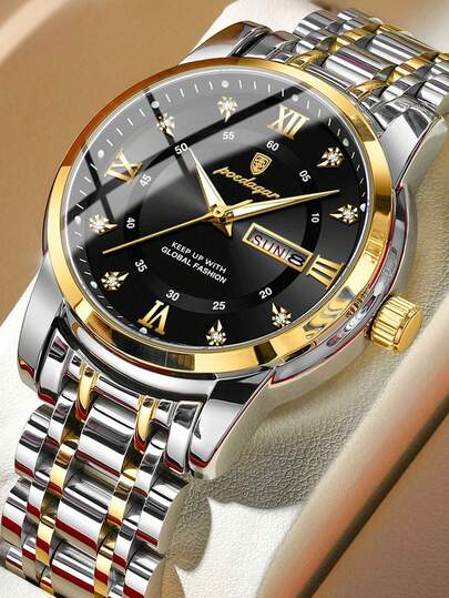 POEDAGAR 1pc Casual Men's Stainless Steel Quartz Dual Date Watches, Business Waterproof Luminous Watch For Men, Luxury Man Wristwatch Suitable For Daily Occasions, Gifts For Men