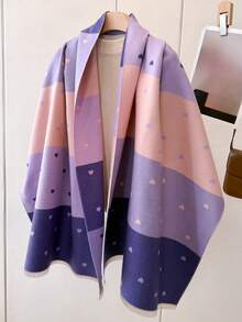 1pc Women Faux Cashmere Multi-Color Patchwork Heart Pattern Jacquard Knit Shawl Cardigan, Thick And Warm For Daily Use - Multicolor - View 3