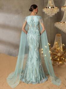 Faeriesty FAERIESTY Opulent Beaded V-Neck Evening Gown With Floor-Length Sheer Sleeves, Mermaid Silhouette & Dramatic Train | Luxury Red Carpet Dress For Galas, Formal Dinners, Wedding Receptions, Opera Galas, And Black-Tie Balls