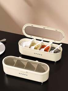 1 pieza Caja de almacenamiento de especias de cocina, estuche de condimentos de 4 rejillas de gran capacidad con tapa antipolvo y cuchara, juego de frascos de condimentos a prueba de humedad, contenedor de almacenamiento de especias, sal y azúcar, accesorios de cocina, adecuado para almacenamiento de especias de cocina, decoración de cocina - Multicolor - Ver 3