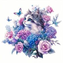 1/Pc 2/Pcs 3/Pcs Creative Cat Playing In Floral Design Heat Transfer Printing, Elegant Botanical & Animal Artwork Style, Suitable For Jacket, Coat, T-Shirt, Hat, Bag, Pillow, Socks DIY Decoration, Washable & Durable