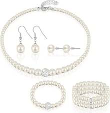 Glenmal Pearl Rhinestone Jewelry Set For Women Pearl Necklace Bracelet Earrings For Wedding Birthday Bridal Shower Tea Party - Elegant Style - 查看 1