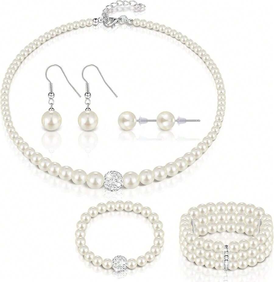 Glenmal Pearl Rhinestone Jewelry Set For Women Pearl Necklace Bracelet Earrings For Wedding Birthday Bridal Shower Tea Party - Elegant Style - 查看 1