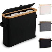 Bamboo Toilet Paper Storage Holder With Lid - Collapsible Organizer Basket For Bathroom RV Closet, Waterproof Oxford Canvas Holds 12 Regular Rolls, Freestanding Cabinet With Handle, Dustproof Cat-Proof Tissue Box, Easy No Tools Assembly, Compact Space Saving Storage Solution Back To School