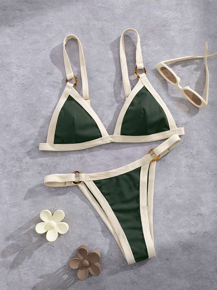 Women's Summer Beach Trim New European And American Style Bikini Set Vacation - Dark Green - View 1