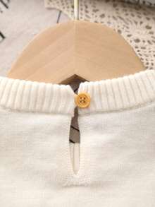 Infant Knitted Round Neck Cream White Floral Hand-Embroidered Romper, Cute Baby Jumpsuit Suitable For Daily Wear Or Outing Outfits - Beige - View 3