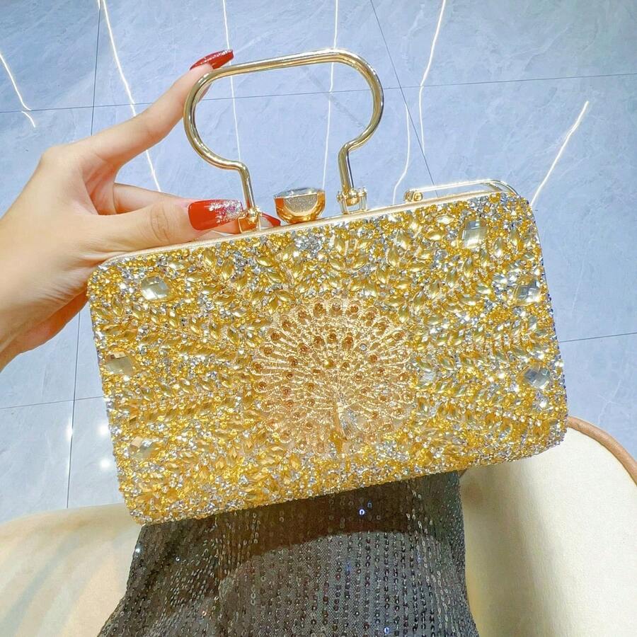 Peacock Flower Embossed Evening Bag For Women, Formal Wedding Clutch With Rhinestones - Tote Bag With Round Pearl Buckle - Crystal Diamond Bag With Metal Chain - 金色 - 查看 1
