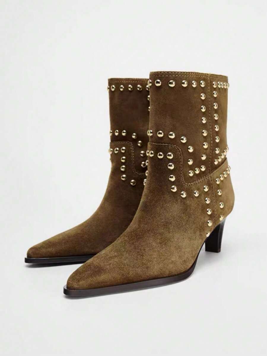 Fall/Winter 2025 New Women's Brown Suede Rivet Decor Pointed Toe Chunky Heel Short Booties,Western Boots,Kitten Heels - Brown - View 1