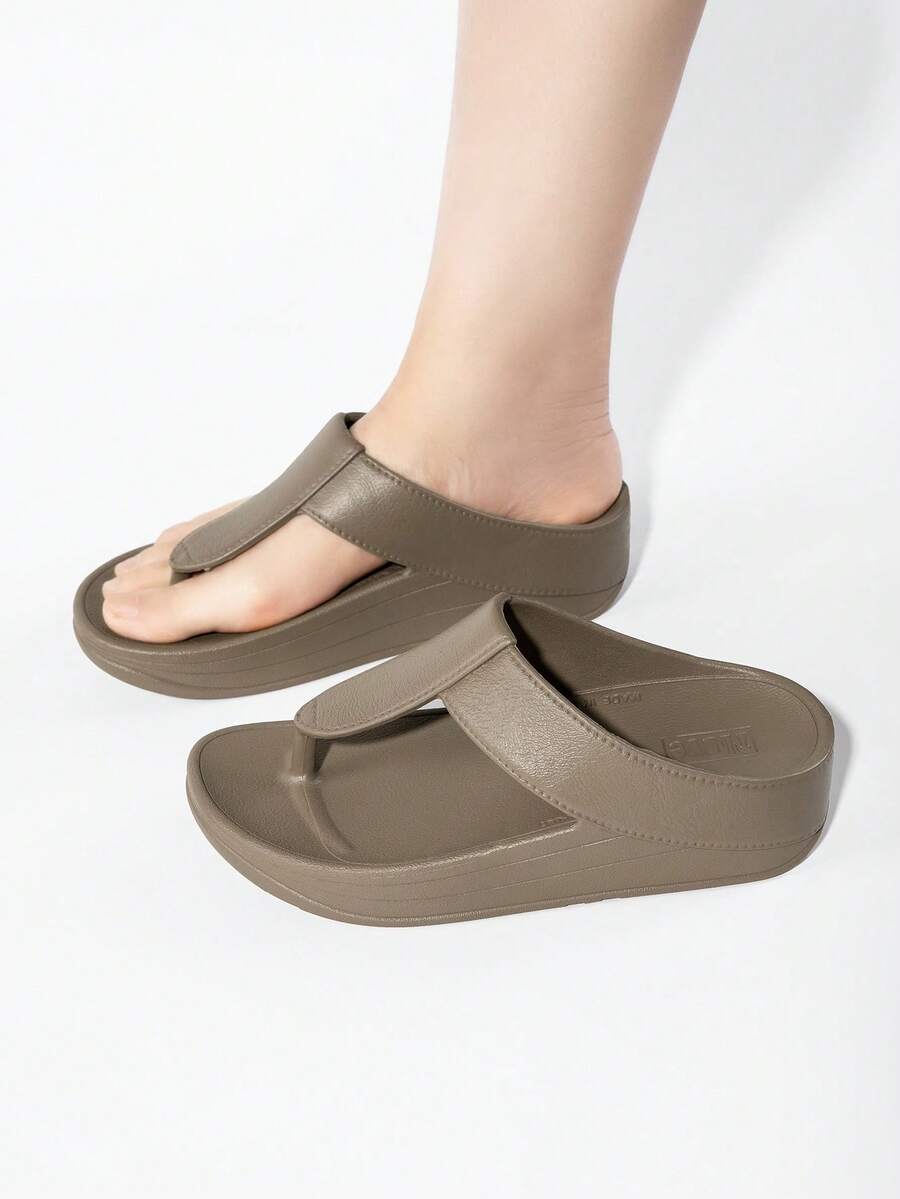 Sandalias de pala con suela gruesa y tacón de cuña para mujer, chanclas de verano informales antideslizantes - Marrón - Ver 1