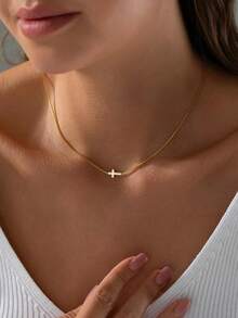1pc Elegant Gold Necklace With Cross Pendant, Suitable For Women's Daily Wear - Gold - View 3