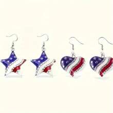 2 Pairs Of American Independence Day Earrings, July 4th Earrings, Patriotic Style Earrings With Stars And Heart Patterns, Party Gift - Hai cặp - Xem 6