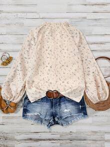 EARO Autumn New Women's Shirt, Floral Print V-Neck Design, Casual Loose Long Sleeve Blouse - 藍杏色 - 查看 3