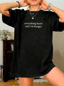 HIPTEE Letter Print Tee - Everything Hurts And I'm Hungry, Simple Style Round Neck T-Shirt, Lightweight Pure Cottonn Top For All Season-Unisex Women & Men's Daily Wear - 黑色 - 查看 1