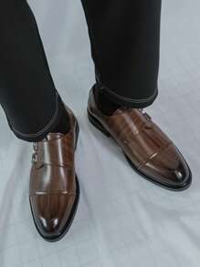 Men's Retro Double Breasted Wingtip Dress Shoes With Square Toe, Fashionable Casual Wedding Shoes