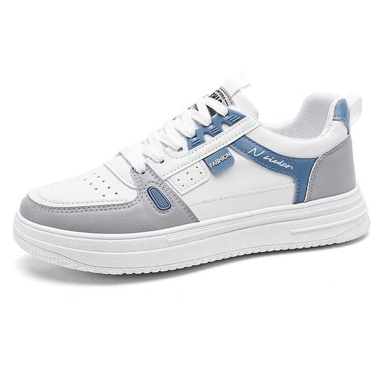 Zapatillas deportivas transpirables con punta redonda, cordones y suela gruesa, zapatillas deportivas de hombre de colores contrastantes de moda, zapatos transpirables para hombre, zapatillas blancas, zapatos de patineta de caña baja, zapatos deportivos casuales para hombre. - Azul y blanco - Añade 9
