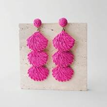 Raffia Dangle Earrings Women - Boho Statement Rattan Drop Jewelry With Design, Lightweight Summer Beach Accessories - Hot Pink - View 6