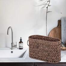 Toilet Paper Storage Woven Basket Organizer For Narrow Bathroom RV, Large Narrow Toilet Paper Storage Holder Basket For 9 Mega Rolls, Waterproof & Free Standing(Coffee Brown) - 咖啡棕 - 查看 8