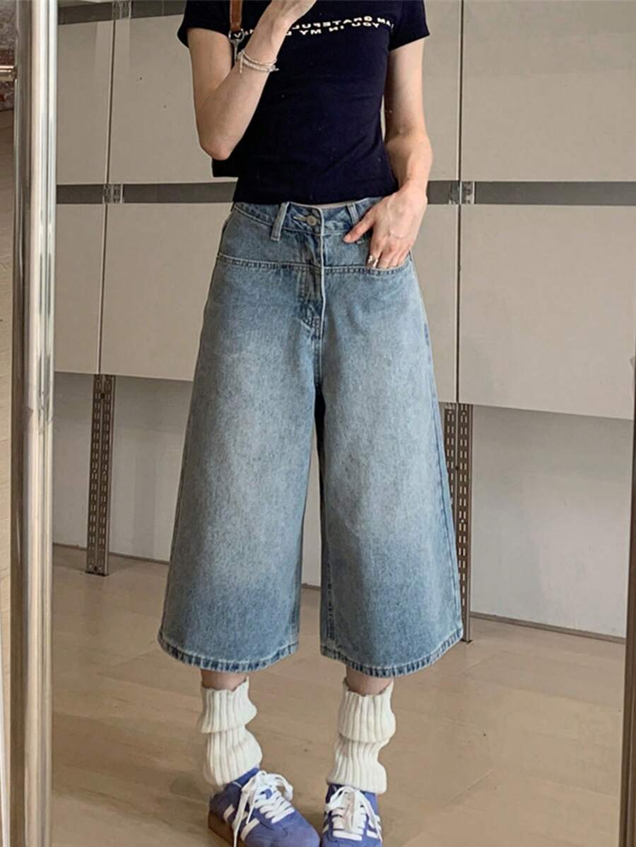 Quần lửng denim màu xanh nhạt, ống rộng, kiểu Mỹ, thích hợp cho mùa hè. - Màu xanh nhạt - Xem 1