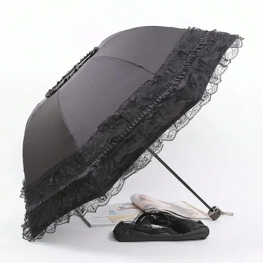 Vintage Lace Parasol Foldable Gothic Lolita Umbrella Rain Anti-Uv Protection Sunblock Umbrella Dome Photo Props Girls Parasol - Purple - View 1