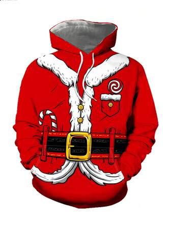 Men's 3D Christmas Element Printed Long Sleeved Drawstring Hooded Casual Sweatshirt