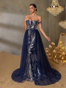 Women's One-Shoulder Sequin-Embellished Evening Gown With Back Tie-Up Closure & Sheer Organza Draping – Elegant Mermaid Silhouette Formal Dress For Gala Dinners, Red Carpet Events, Luxury Weddings, Opera Performances, And Black-Tie Ceremonies