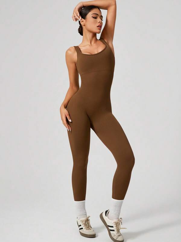 1pc Women's Yoga Fitness Jumpsuit, Brown Solid Color Elastic Knit Fabric, Tummy Control High Stretchy, Suitable For Yoga, Gym, Workout