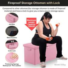 Storage Ottoman Bench,Fireproof Folding Bench With Lock,30 Inches Fire&Water Resistant Storage Chest Foot Rest Stool Leather Bedroom Ottoman Safe For Documents,Valuables, Pink - 玫紅色 - 查看 10