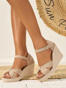 Giày sandal đế xuồng cao gót cho nữ, đế dày, kiểu dáng châu Âu và Mỹ, gót chunky, dệt, thoải mái, màu mơ, thích hợp cho trang phục mùa xuân hè. - Màu be - Xem 5