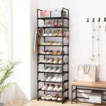 10-Tiers Shoe Rack For Cloest, Tall Shoe Organizer For Entryway Bedroom Hallway, Shoe Storage Large Capacity For 20-24 Pairs Of Shoes And Boots, Narrow Metal Shoe Shelf With Hooks