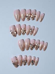 24 件长杏仁金色闪光与水钻装饰设计法式亚克力按压指甲长完美贴合假指甲套装，包含：1 件果冻胶和 1 件指甲锉，易于佩戴的指甲艺术，适合女性女孩日常工作穿着狂欢派对使用指甲用品指甲