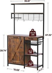 Bakers Rack With Trash Can Storage, Bakers Rack With Power Outlet And Drawers, Hidden Trash Can Cabinet With Fruit Basket, 6-Tier Coffee Bar Station With 8 S-Hooks - Multicolor - View 2