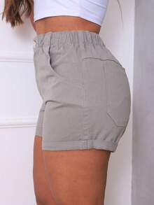 Traditional Denim Shorts With Elastic Waistband - Grey - View 5