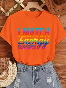 Plus Size Summer Letter Printing T -Shirt, Casual Short -Sleeved Round Neck T -Shirt - Orange - View 3