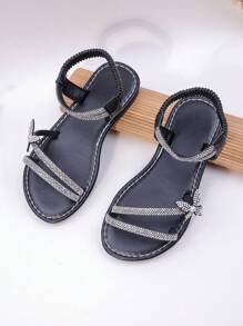 Rhinestone Bow Decor Girls Sandals, Black Minimalist Style With Elastic Strap, Fashionable Princess Shoes