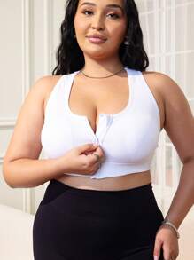 2pcs Plus Size Women Sports Bra With Zipper Front And Mesh Back, Curve Enhancing In Black & White