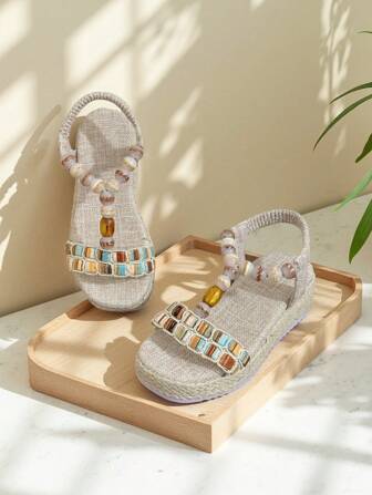 Sandalias planas de resina con cuentas brillantes y coloridas, estilo vintage 2025, para niños. Sandalias romanas de lino tejido, de verano para uso al aire libre, con diseño de punta abierta, transpirables y ligeras