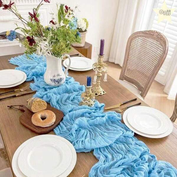 1/5pcs Blue Cheese Cloth Table Runner 35*71 Inch, Rustic Sheer Table Scarf Suitable For Weddings, Bridal Showers, Birthday Parties, Banquets, Hotels, Restaurants, Thanksgiving Table Decor