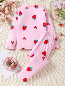 Conjunto de 2 piezas de ropa de dormir con estampado de fresa, de cuello redondo y manga larga, tela cómoda, perfecto para usar en casa en primavera y otoño