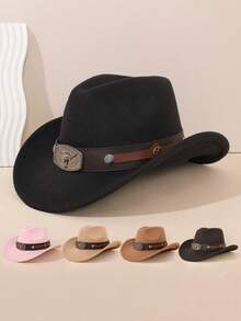 1Pc Western Cowboy Hat For Men Women Classic Roll Up Fedora Hat With Bull Buckle Belt - Style 2 - View 15