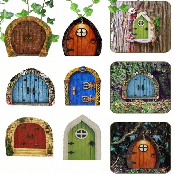 6pcs 2D Mini Fairy Garden Gates - 3.15 Inch High Plastic Gnome Design, Wooden Material, Angel Theme, Decorative Art Style, Outdoor Garden Decor, DIY Magical Landscape, Blue, Brown, Green, Red, Suitable For Weddings And 12+ Years Old