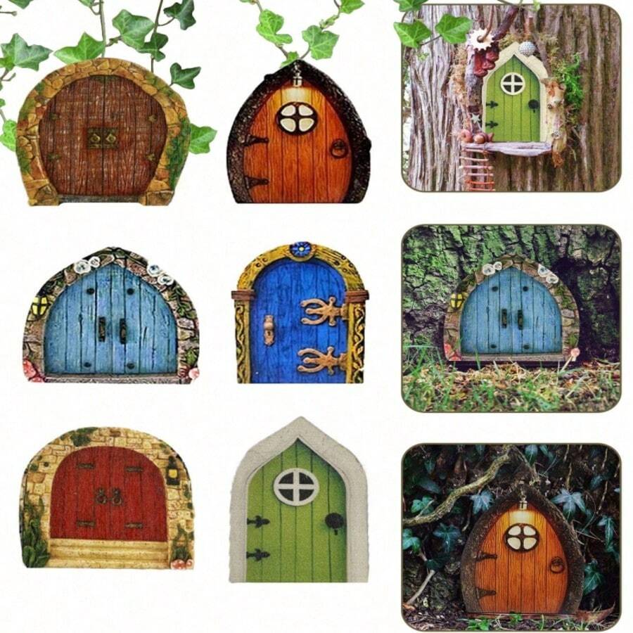 6 件 2D 迷你仙女花园门 - 3.15 英寸高塑料小妖精设计，木质材质，天使主题，装饰艺术风格，户外花园装饰，DIY 魔幻景观，蓝色、棕色、绿色、红色，适合婚礼和 12 岁以上儿童 - 彩色 - 查看 1