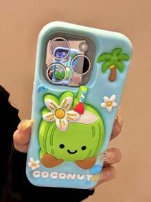 Summer Beach Fresh Coconut Tree 3D Stand Phone Case Compatible With IPhone 16 ProMax, Apple 15, Silicone Soft Shell Creative Cute Anti-Drop Protective Cover Compatible With IPhone 13 ProMax/14 - Màu vàng - Xem 4