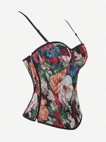 花卉印花紧身胸衣上衣，可调节肩带，塑身紧腰短款上衣，适合女士，适合派对和晚装 - 彩色 - 查看 9
