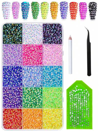 8900pcs/Box Nail Art Rhinestones, 15 Colors 3mm Flat Round Resin Rhinestones, Shiny DIY Nail Decoration Accessories