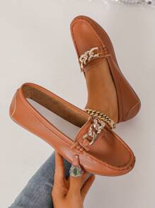 Damen elegante Loafers mit goldener Ketten-Dekoration, flache Lässig Schuhe geeignet für Frühling, Sommer, Herbst und Winter