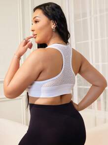 2pcs Plus Size Women Sports Bra With Zipper Front And Mesh Back, Curve Enhancing In Black & White